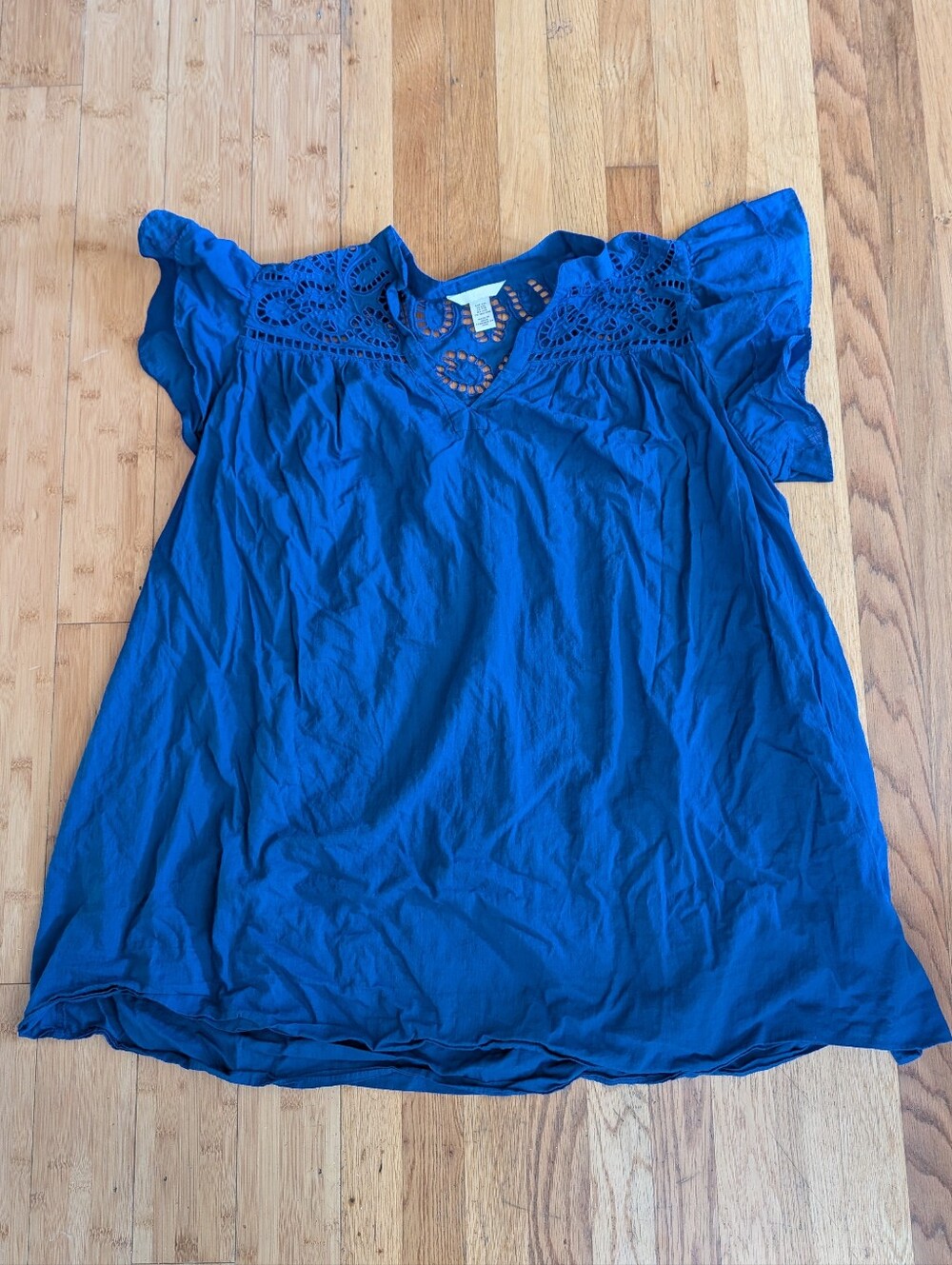 100% Cotton Blue Flutter-Sleeve Eyelet Dress H&M